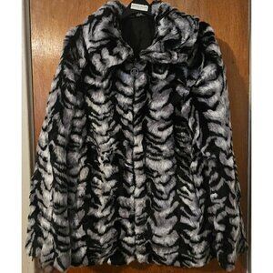 Vintage Dennis Basso S Black Reversible Faux Fur Zip Storm Coat Tiger Chevron